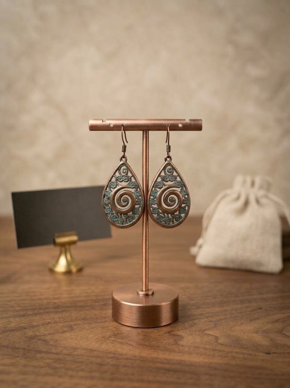 Teardrop Spiral Filigree Earrings in Patina Blue-Green